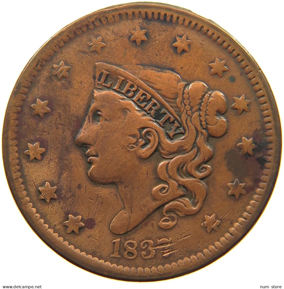 UNITED STATES OF AMERICA LARGE CENT 1837 CORONET HEAD #t141 0319 - 1816-1839: Coronet Head (Testa Coronata