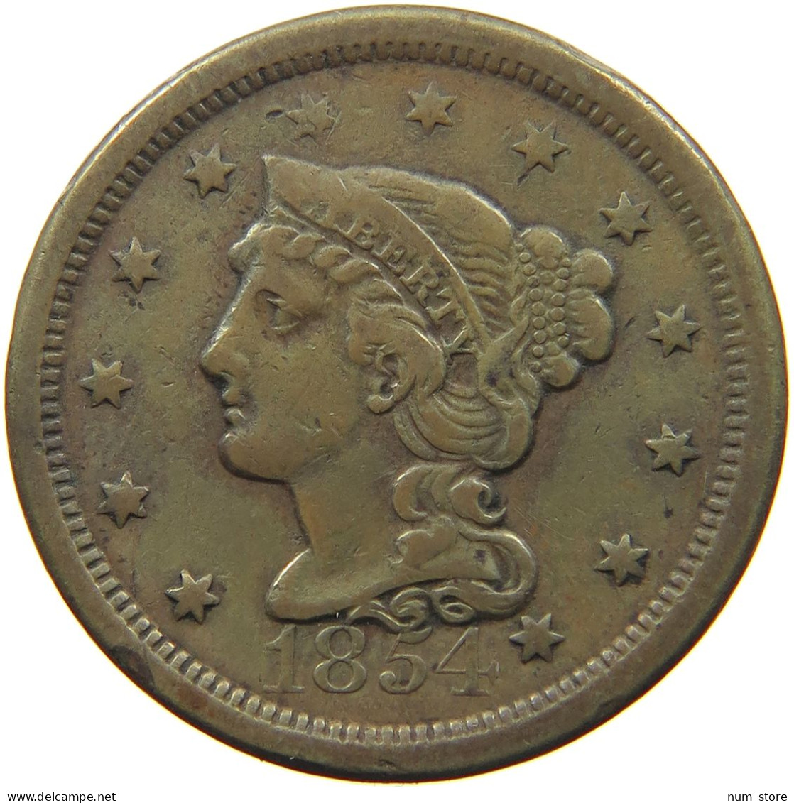 UNITED STATES OF AMERICA LARGE CENT 1854 BRAIDED HAIR #t141 0265 - 1840-1857: Braided Hair