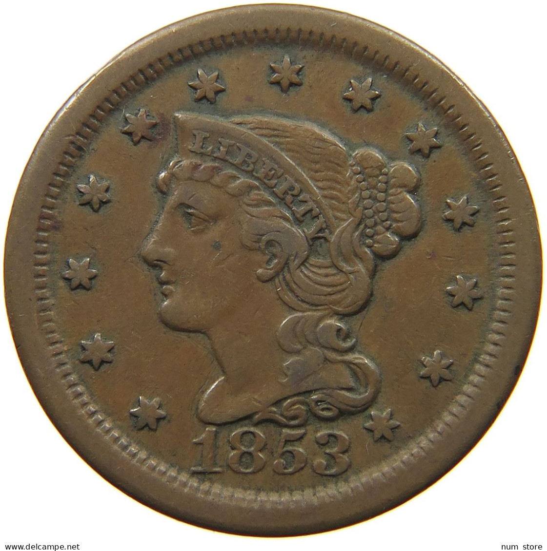 UNITED STATES OF AMERICA LARGE CENT 1853 BRAIDED HAIR #t141 0269 - 1840-1857: Braided Hair
