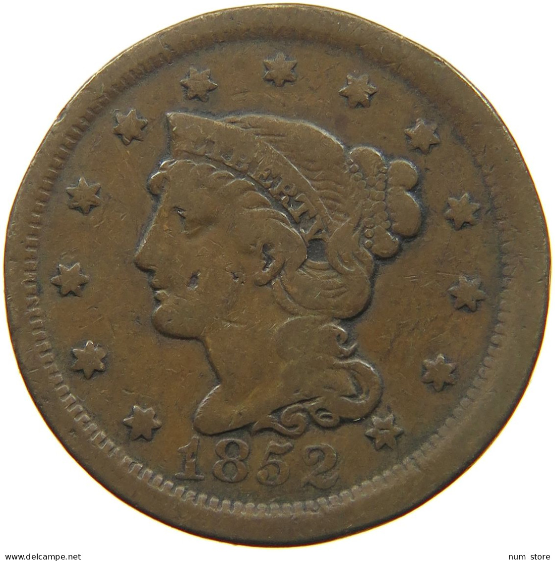 UNITED STATES OF AMERICA LARGE CENT 1852 BRAIDED HAIR #t141 0303 - 1840-1857: Braided Hair (Capelli Intrecciati)