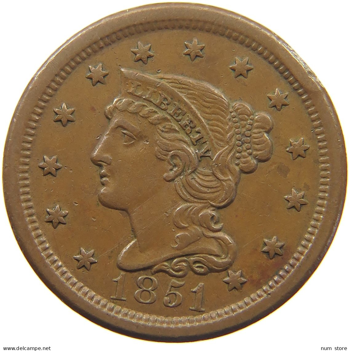 UNITED STATES OF AMERICA LARGE CENT 1851 BRAIDED HAIR #t001 0067 - 1840-1857: Braided Hair