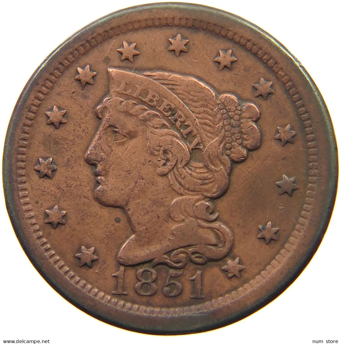 UNITED STATES OF AMERICA LARGE CENT 1851 BRAIDED HAIR #t141 0295 - 1840-1857: Braided Hair