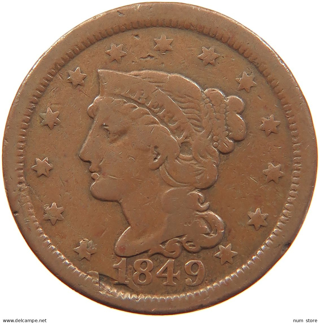 UNITED STATES OF AMERICA LARGE CENT 1849 Braided Hair #t143 0405 - 1840-1857: Braided Hair (Capelli Intrecciati)