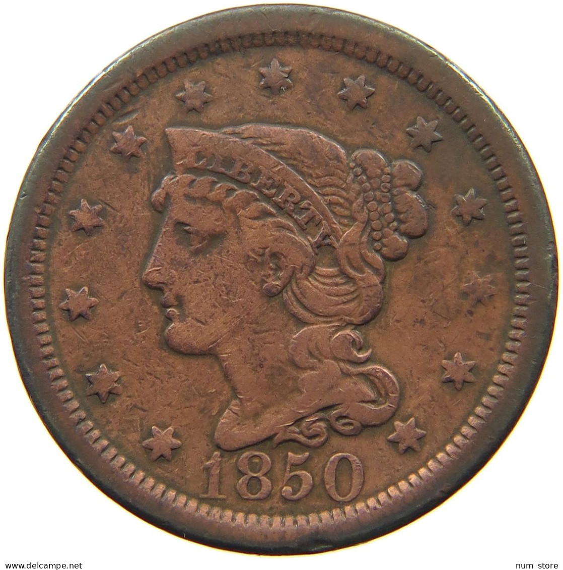 UNITED STATES OF AMERICA LARGE CENT 1850 BRAIDED HAIR #t141 0253 - 1840-1857: Braided Hair
