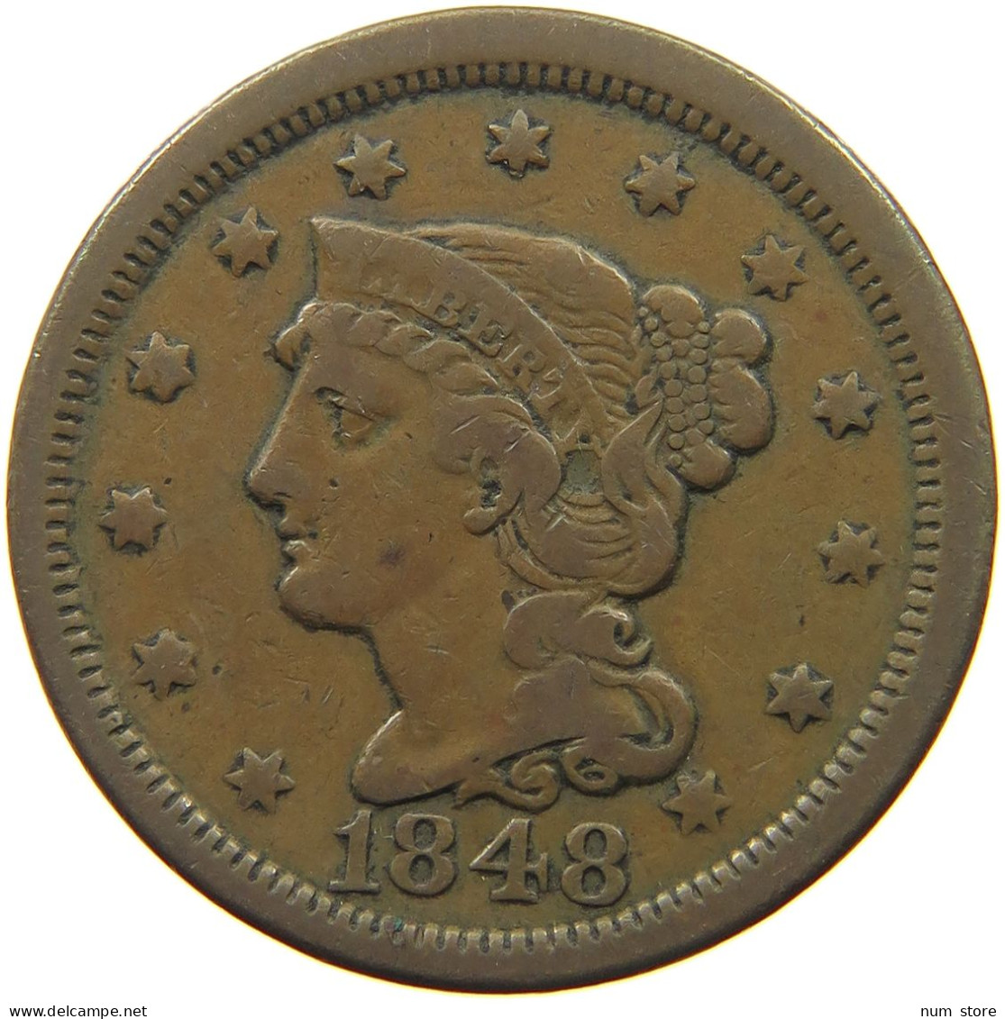 UNITED STATES OF AMERICA LARGE CENT 1848 BRAIDED HAIR #t141 0323 - 1840-1857: Braided Hair (Cheveux Tressés)