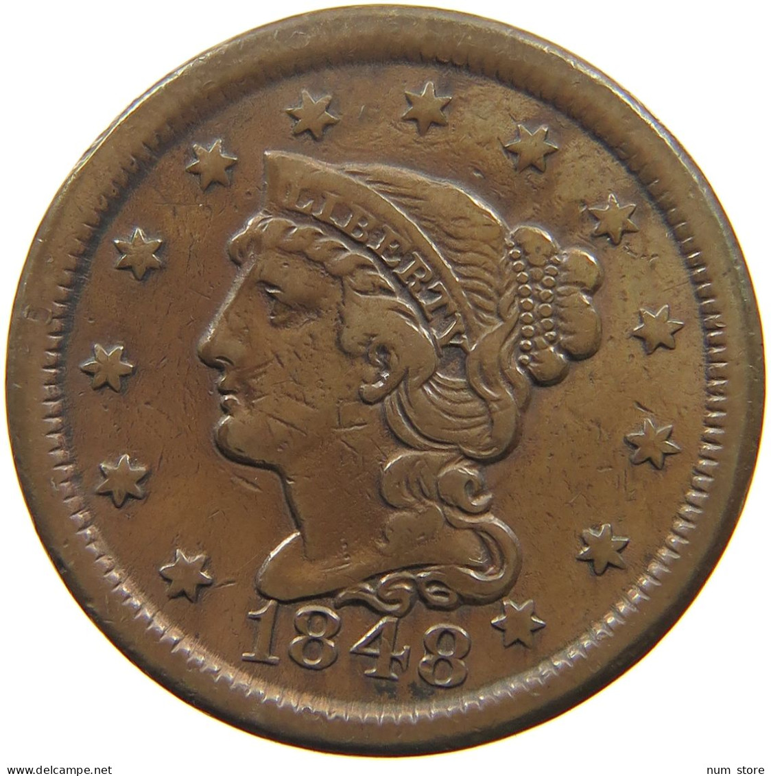 UNITED STATES OF AMERICA LARGE CENT 1848 BRAIDED HAIR #t141 0279 - 1840-1857: Braided Hair