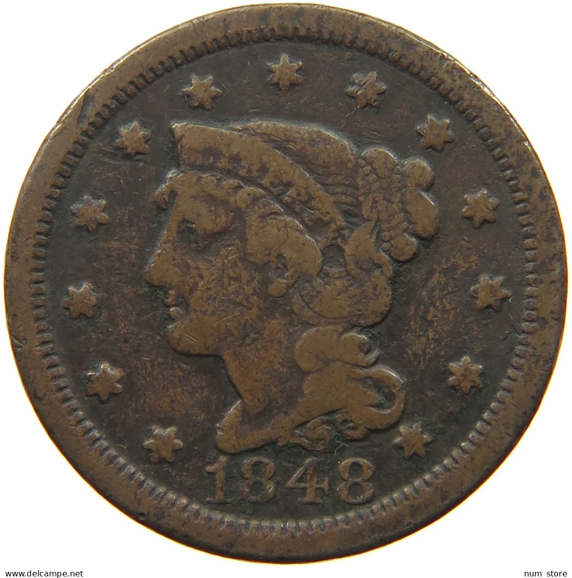 UNITED STATES OF AMERICA LARGE CENT 1848 BRAIDED HAIR #t141 0257 - 1840-1857: Braided Hair