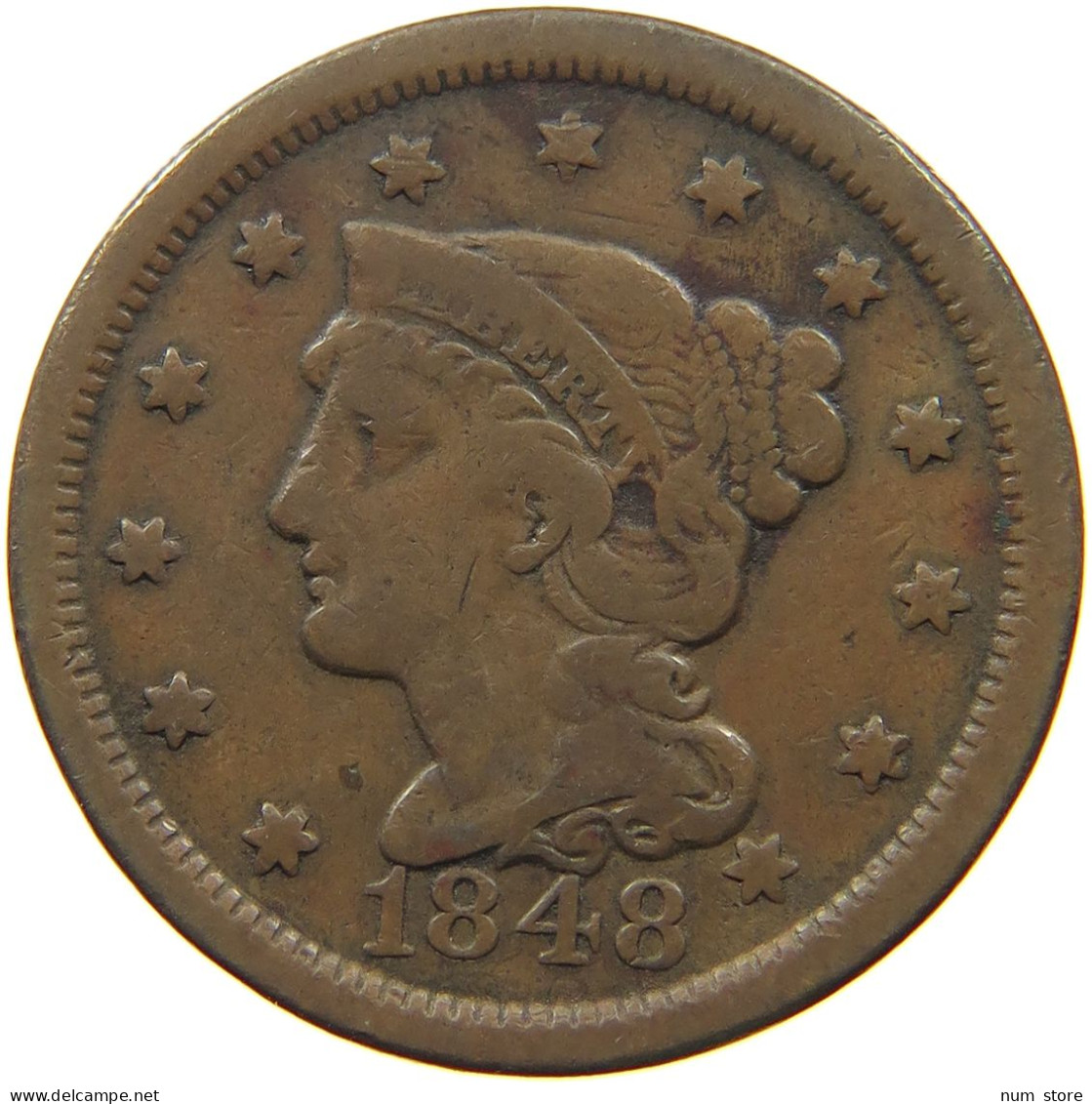 UNITED STATES OF AMERICA LARGE CENT 1848 BRAIDED HAIR #t141 0267 - 1840-1857: Braided Hair (Capelli Intrecciati)