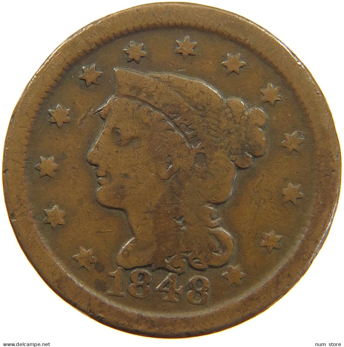 UNITED STATES OF AMERICA LARGE CENT 1848 BRAIDED HAIR #t114 1073 - 1840-1857: Braided Hair (Capelli Intrecciati)