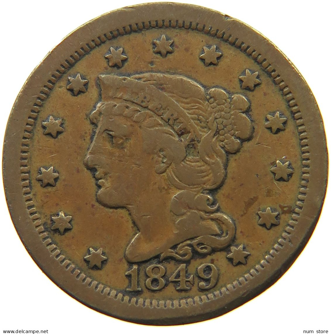 UNITED STATES OF AMERICA LARGE CENT 1849 BRAIDED HAIR #t141 0259 - 1840-1857: Braided Hair (Capelli Intrecciati)