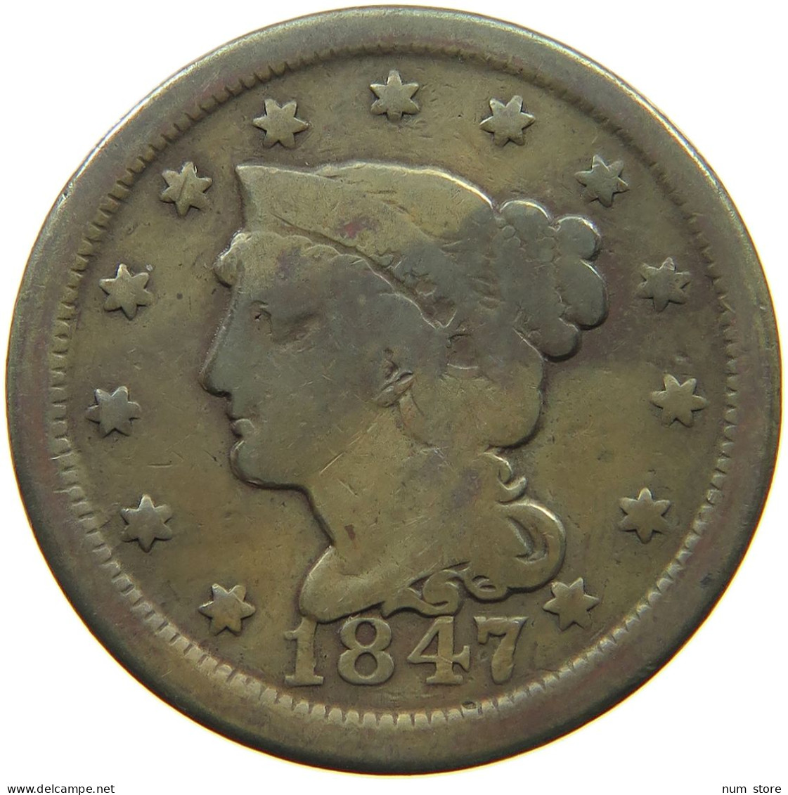 UNITED STATES OF AMERICA LARGE CENT 1847 BRAIDED HAIR #t141 0289 - 1840-1857: Braided Hair (Capelli Intrecciati)