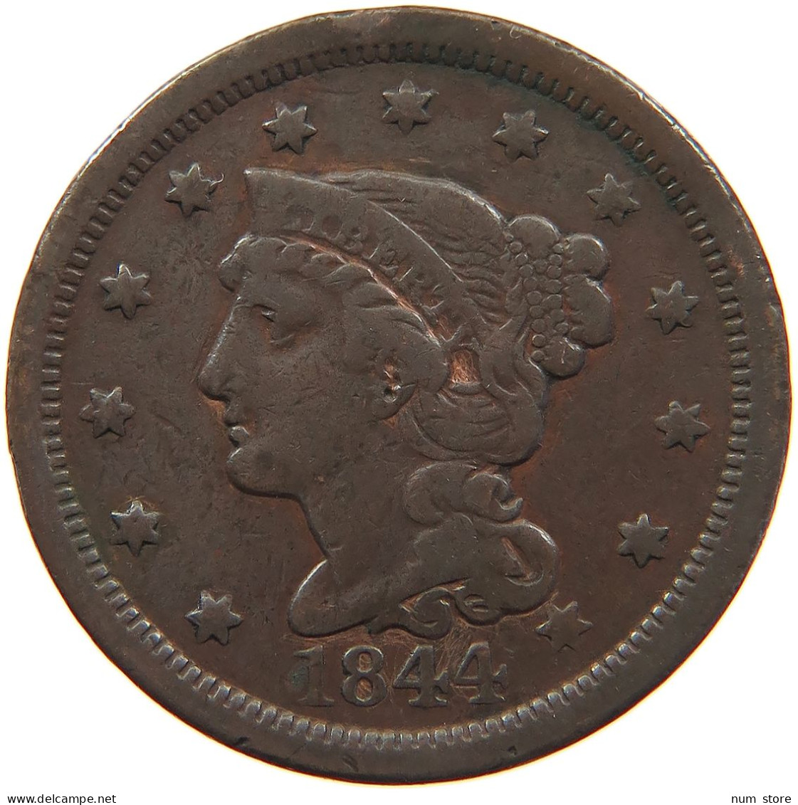 UNITED STATES OF AMERICA LARGE CENT 1844 Braided Hair #t143 0407 - 1840-1857: Braided Hair (Cheveux Tressés)