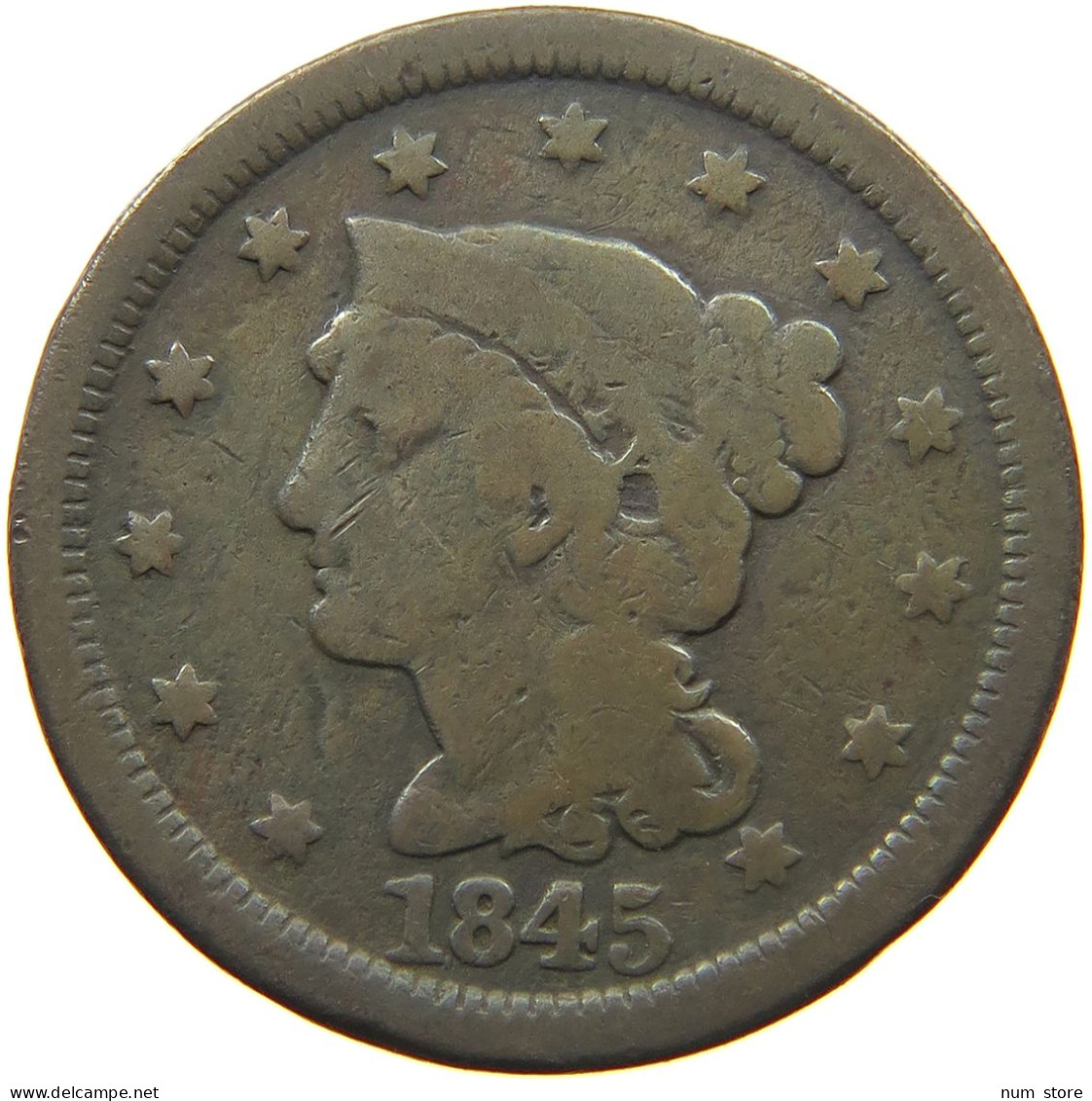 UNITED STATES OF AMERICA LARGE CENT 1845 BRAIDED HAIR #t141 0311 - 1840-1857: Braided Hair (Capelli Intrecciati)