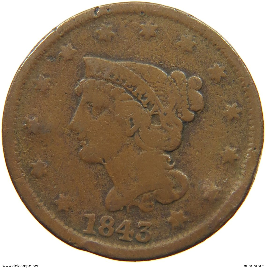 UNITED STATES OF AMERICA LARGE CENT 1843 BRAIDED HAIR #t141 0299 - 1840-1857: Braided Hair (Capelli Intrecciati)