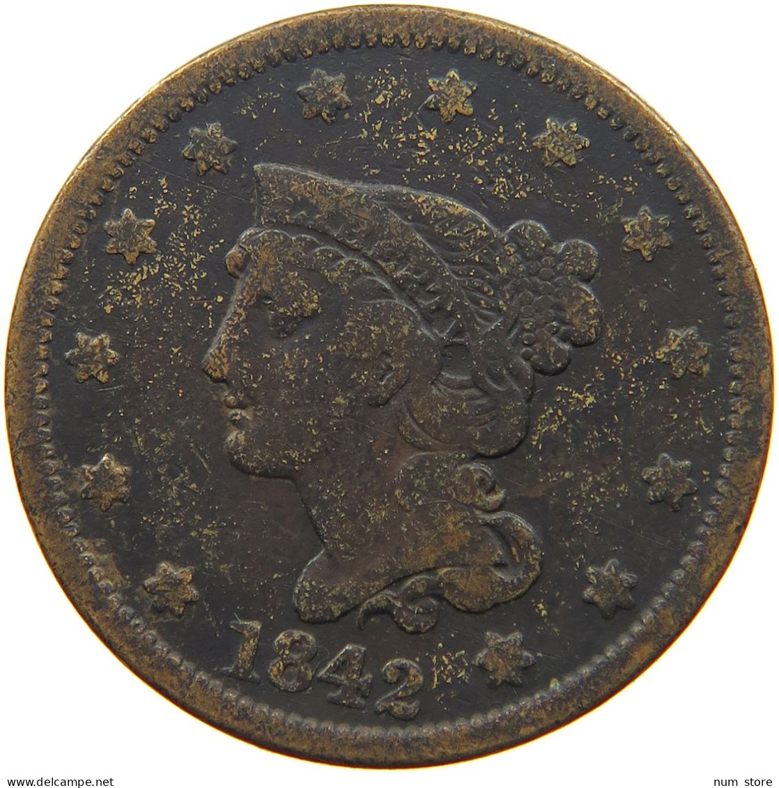 UNITED STATES OF AMERICA LARGE CENT 1842 BRAIDED HAIR #t141 0309 - 1840-1857: Braided Hair (Capelli Intrecciati)