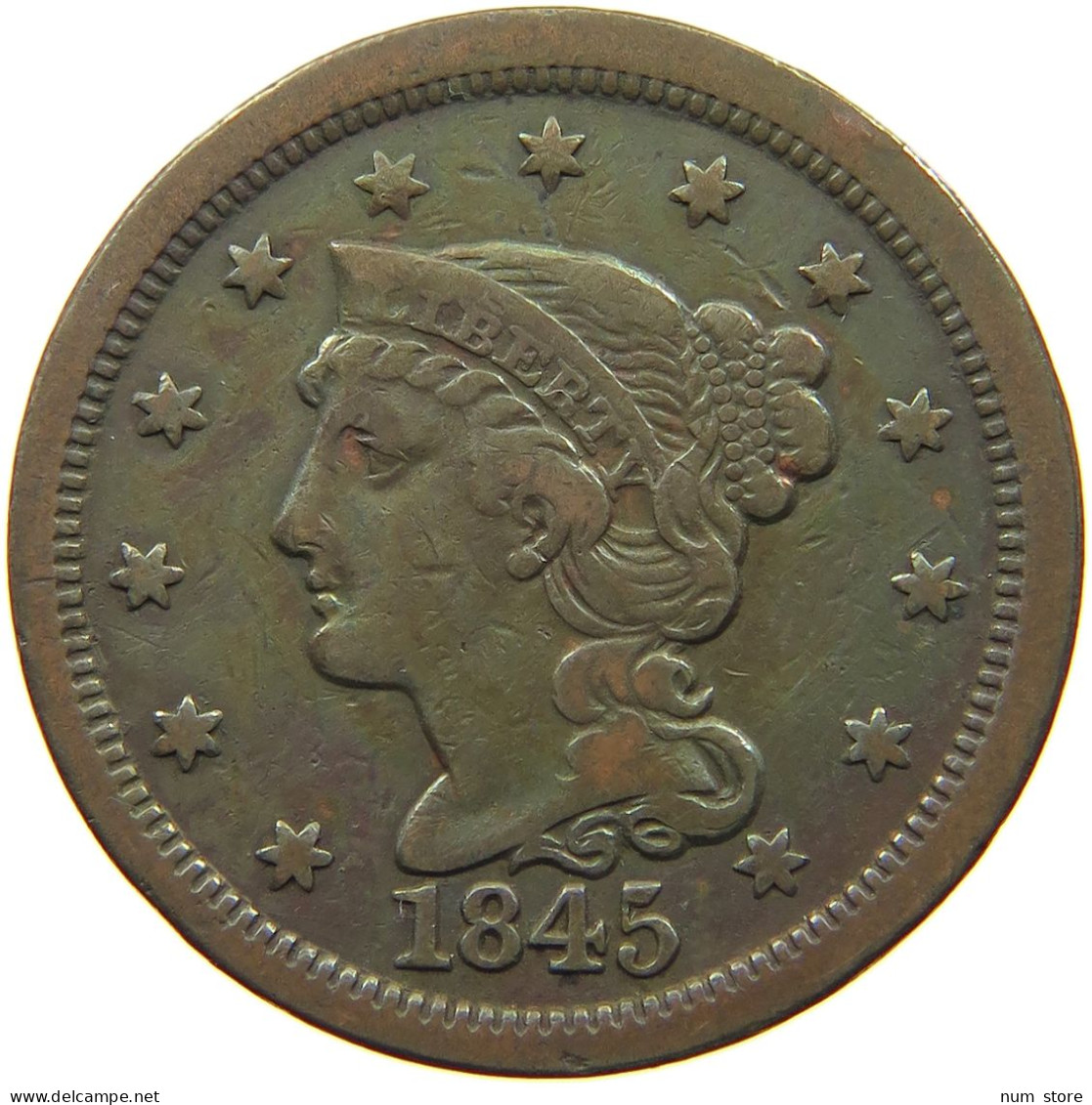 UNITED STATES OF AMERICA LARGE CENT 1845 BRAIDED HAIR #t141 0305 - 1840-1857: Braided Hair (Cheveux Tressés)