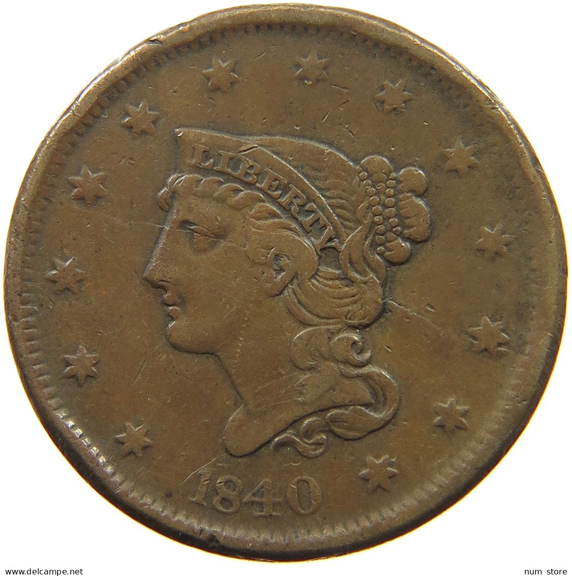 UNITED STATES OF AMERICA LARGE CENT 1840 BRAIDED HAIR #t110 0015 - 1840-1857: Braided Hair