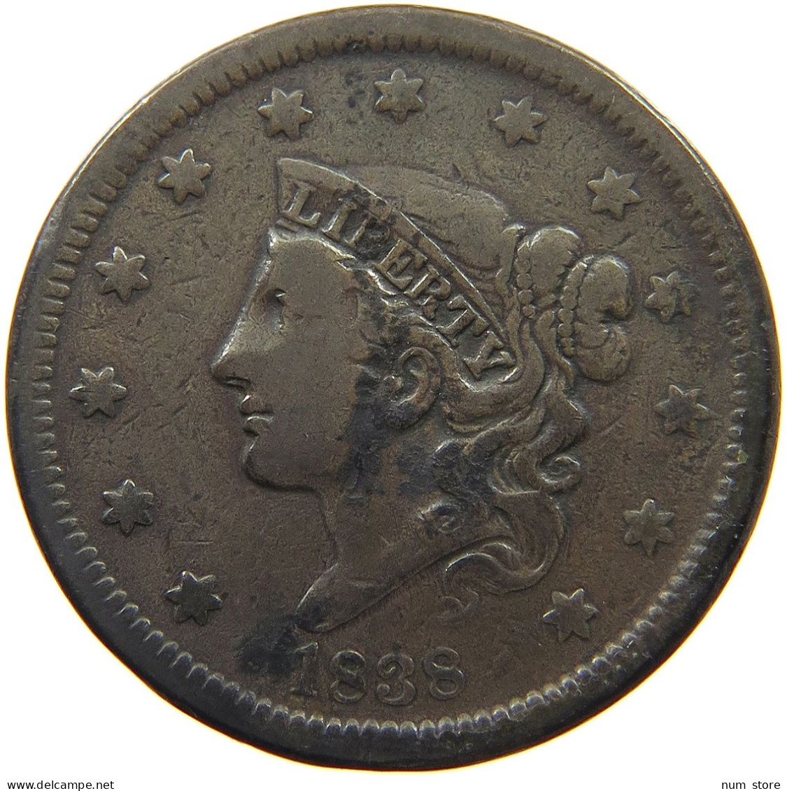 UNITED STATES OF AMERICA LARGE CENT 1838 CORONET HEAD #t112 0115 - 1816-1839: Coronet Head (Testa Coronata