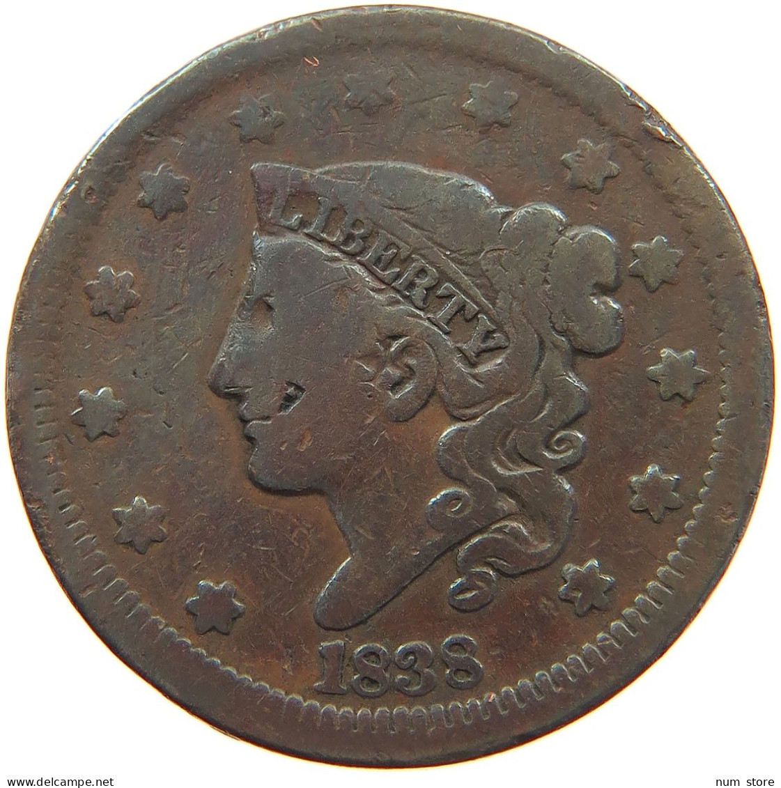 UNITED STATES OF AMERICA LARGE CENT 1838 Coronet Head #t143 0401 - 1816-1839: Coronet Head (Testa Coronata