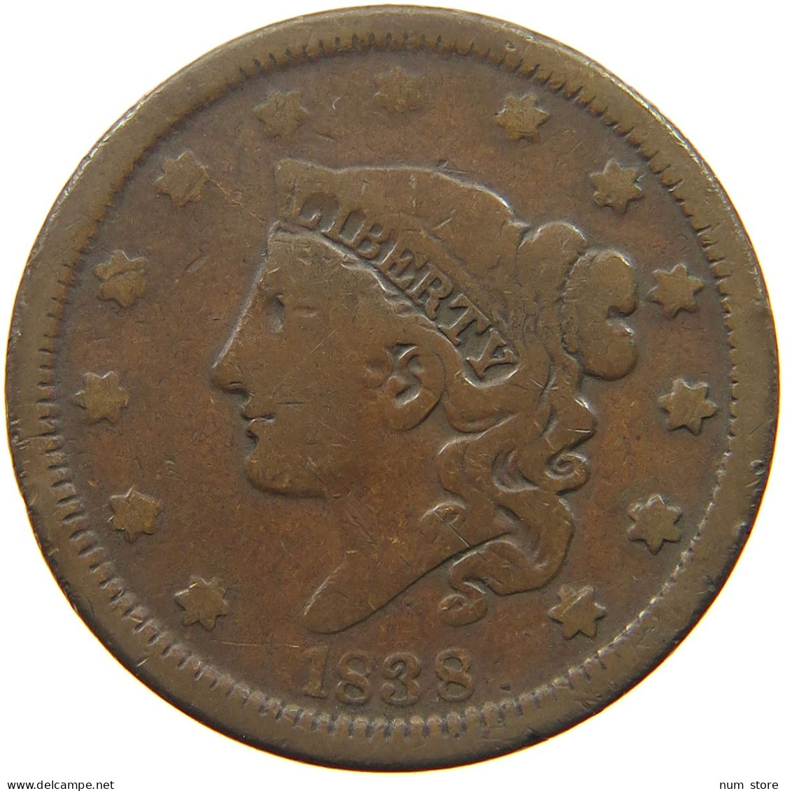 UNITED STATES OF AMERICA LARGE CENT 1838 CORONET HEAD #t141 0277 - 1816-1839: Coronet Head (Tête Couronnée)