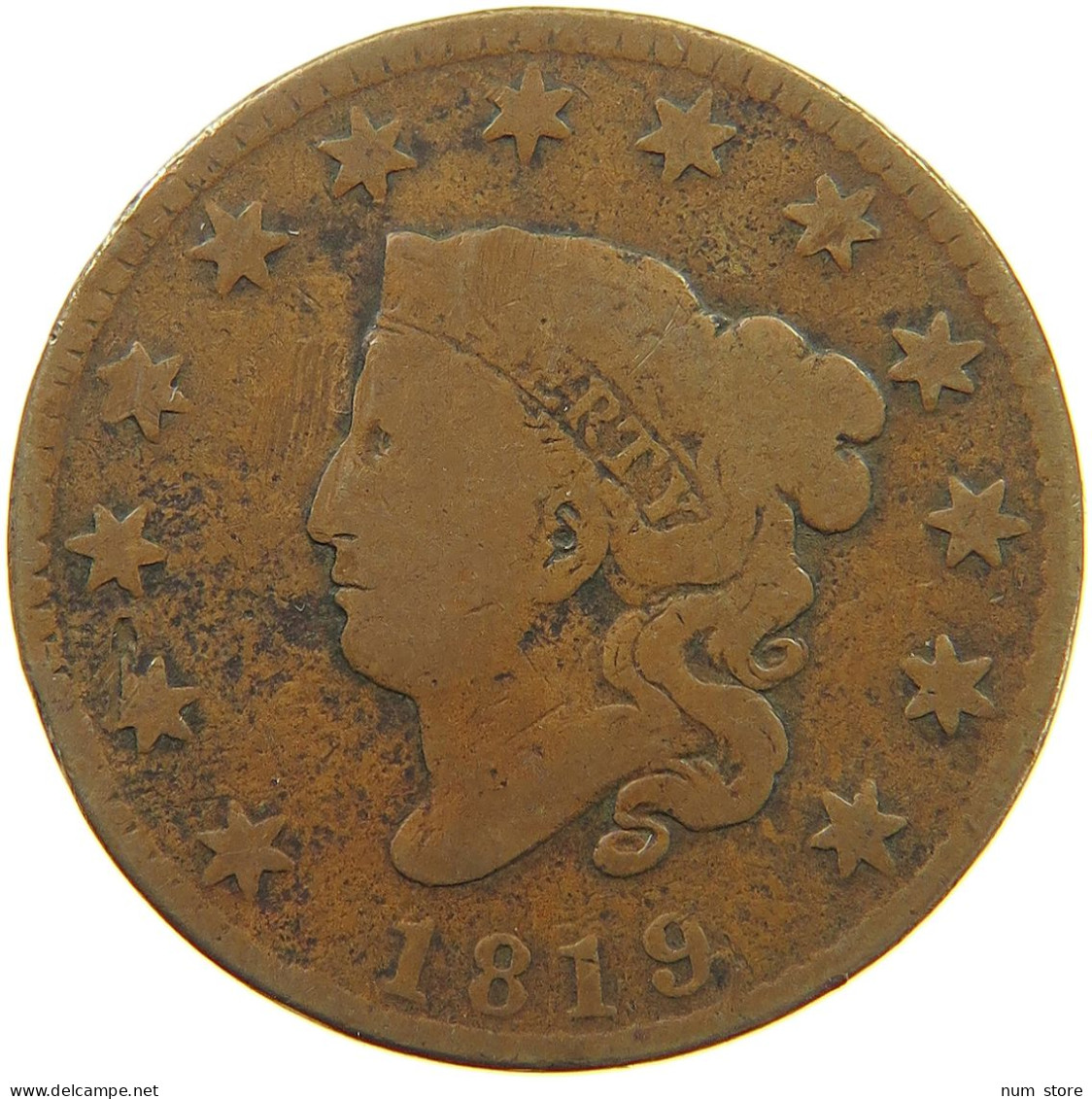 UNITED STATES OF AMERICA LARGE CENT 1819 CORONET HEAD #t114 0185 - 1816-1839: Coronet Head (Tête Couronnée)