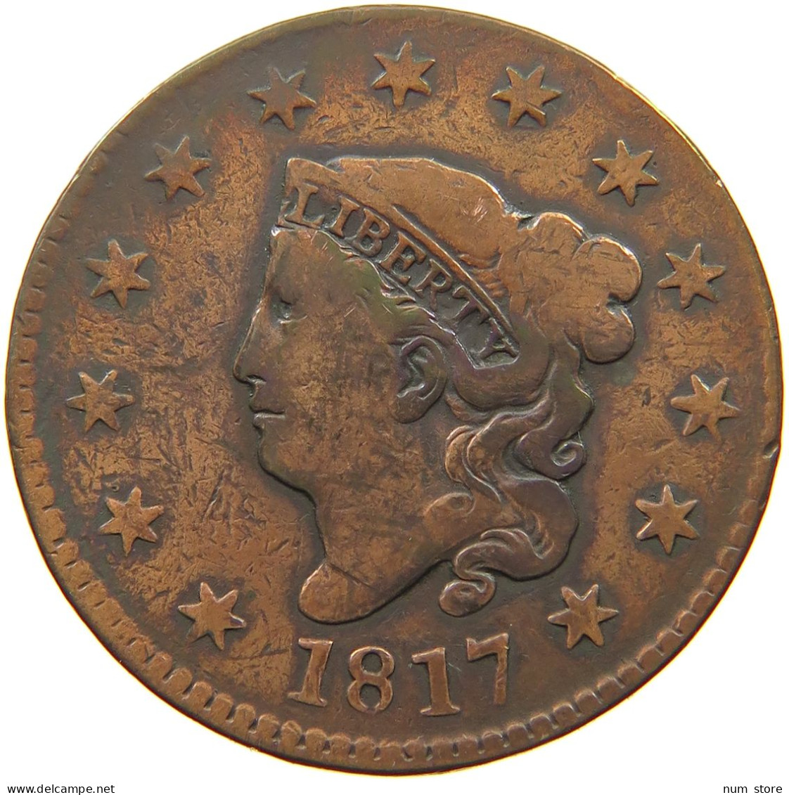 UNITED STATES OF AMERICA LARGE CENT 1817 CORONET HEAD #t141 0321 - 1816-1839: Coronet Head (Testa Coronata