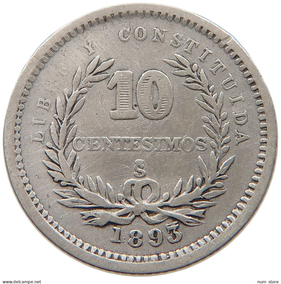 URUGUAY 10 CENTESIMOS 1893 DOUBLE STRUCK 3 #t114 1145 - Uruguay