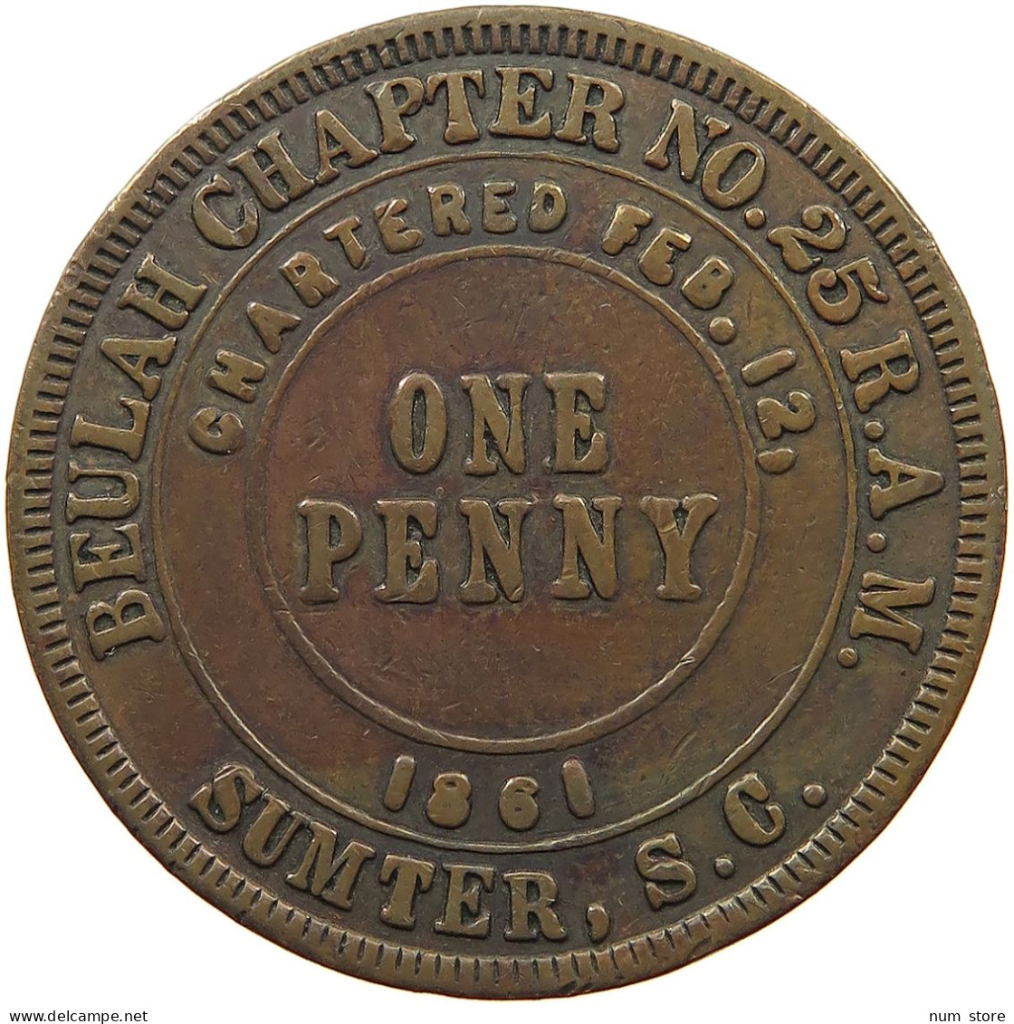 UNITED STATES OF AMERICA TOKEN 1861 TOKEN PENNY 1861 BEULAH CHAPTER SUMTER SOUTH CAROLINA #t143 0095 - Autres & Non Classés