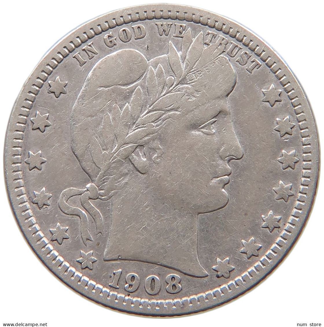 UNITED STATES OF AMERICA QUARTER 1908 D BARBER #t160 0427 - 1892-1916: Barber