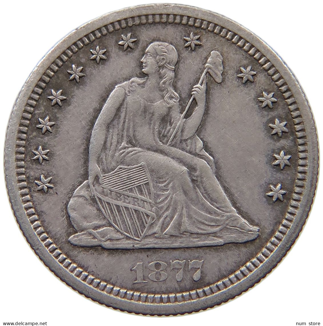 UNITED STATES OF AMERICA QUARTER 1877 S SEATED LIBERTY #t007 0251 - 1838-1891: Seated Liberty