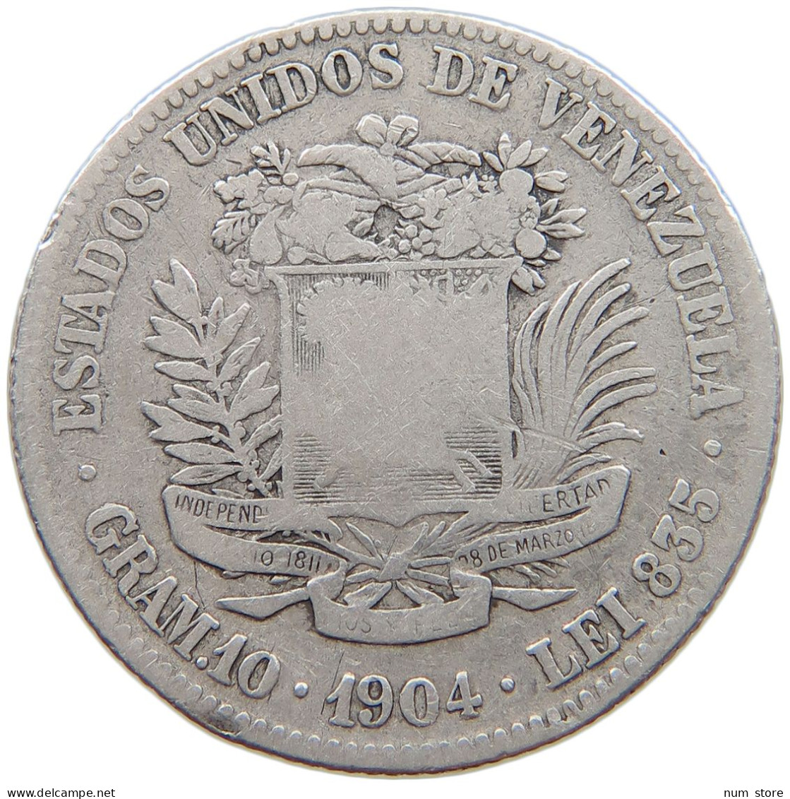 VENEZUELA 2 BOLIVARES 1904  #t133 0145 - Venezuela