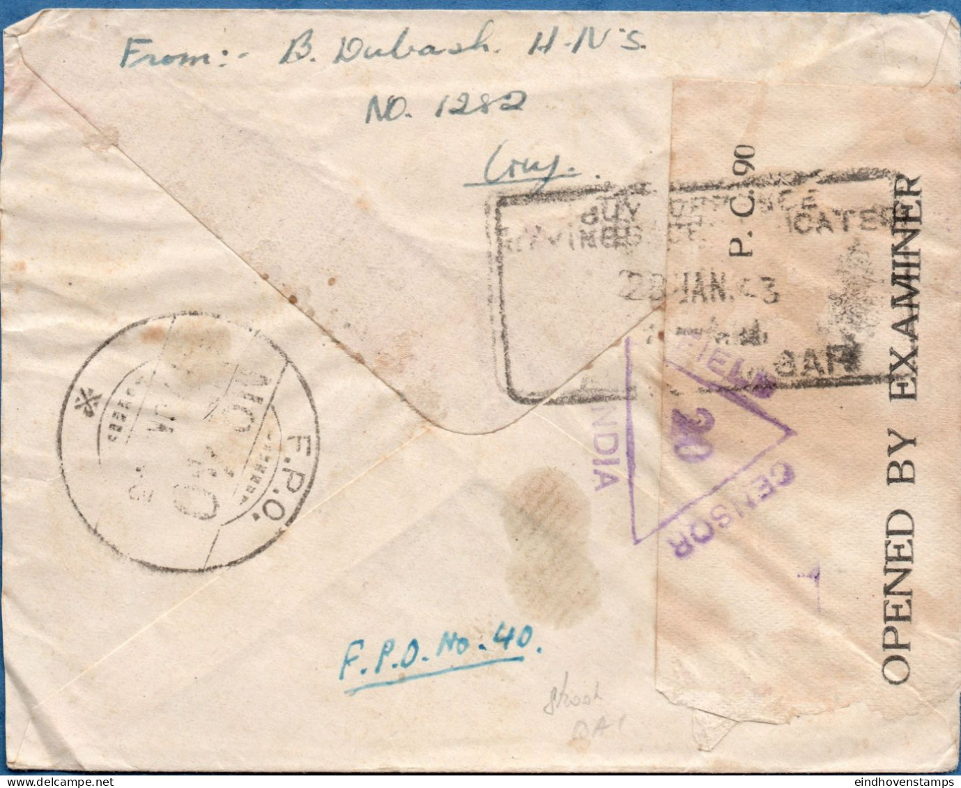 British India Prisoner Of War Letter,FPO 40, 14 Jan 43, Unit Censor E 63 & Censor 20 At Ahmednagar, 2311.1007 - 1936-47 King George VI