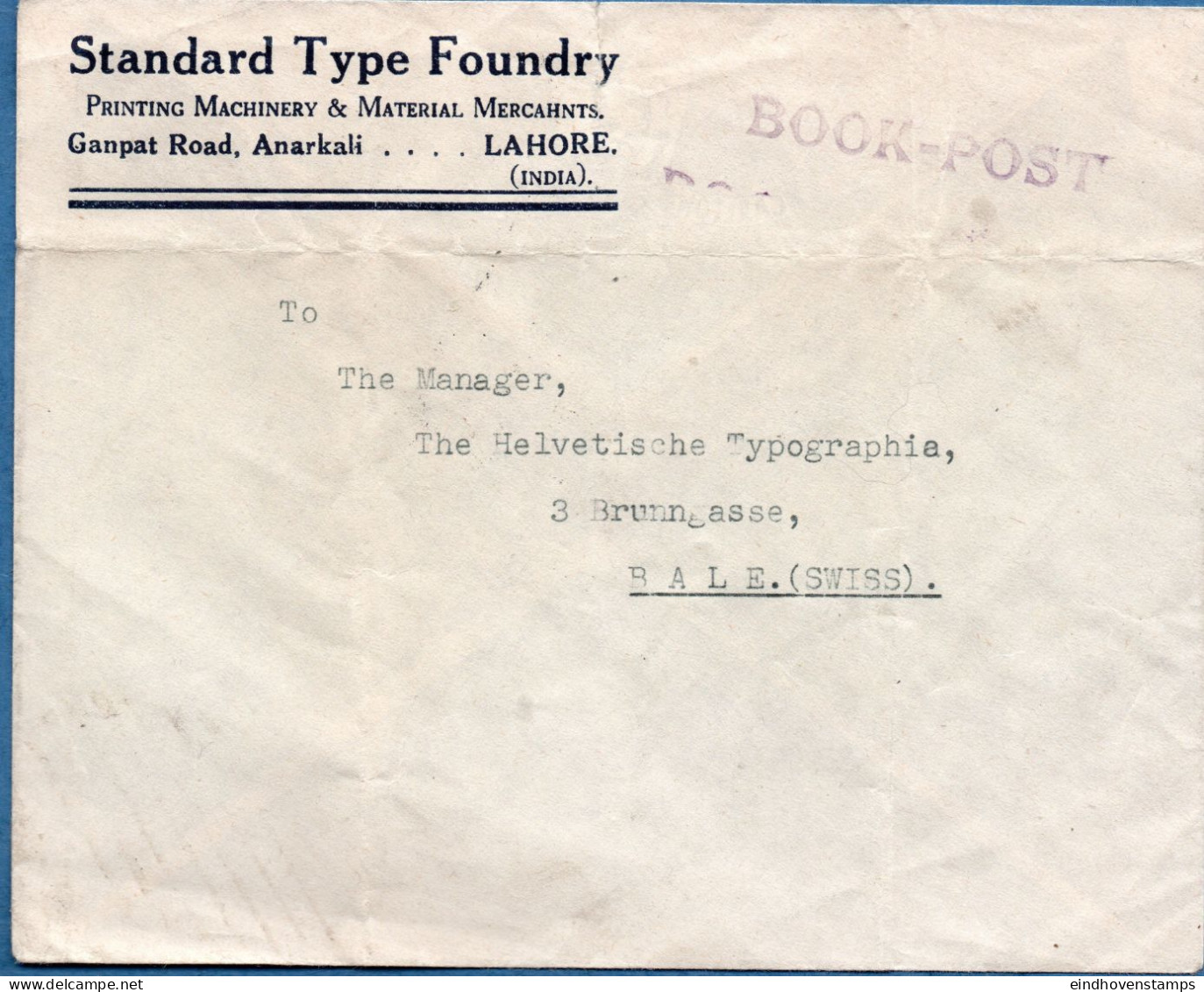 British India - Pakistan Bookpost To Switserland Franked 3p+½d Cancel Lahore R.M.S. 9 Feb 39, Folded With Tear 2311.1008 - 1936-47 Koning George VI