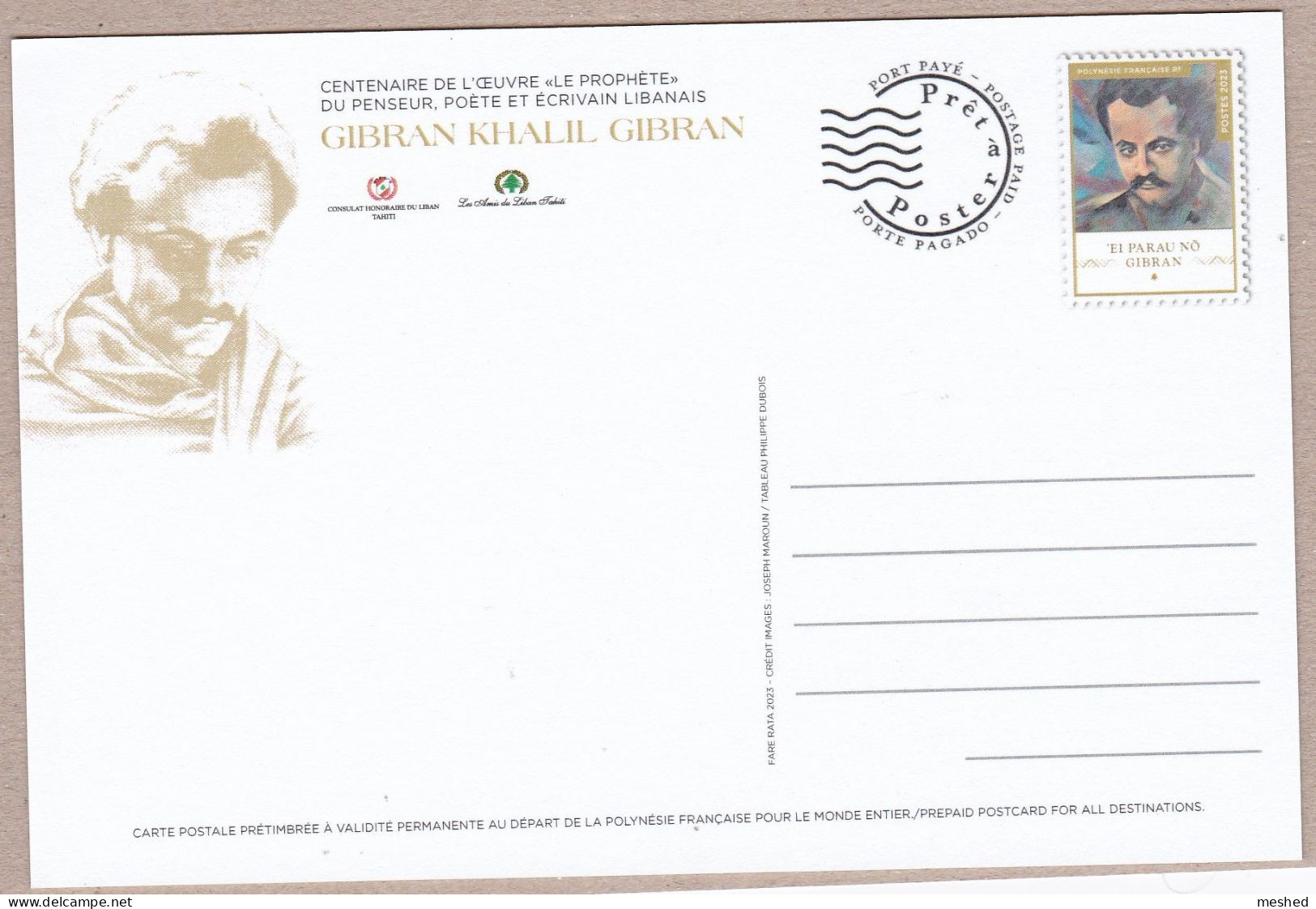 NOUVEAU : CP Gibran Khalil Gibran Centenaire De L'Oeuvre : Le Prophète - Postal Stationery