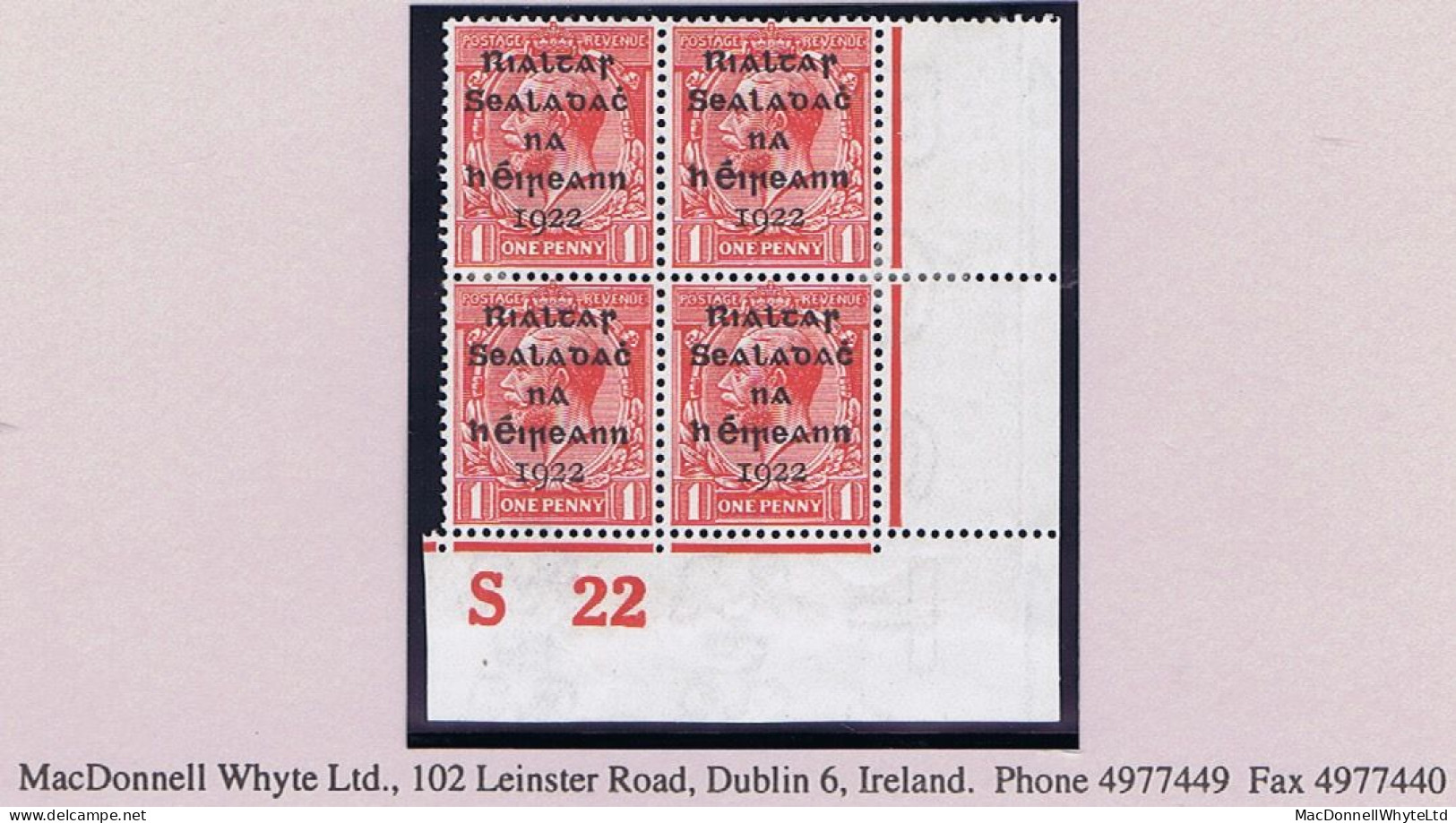 Ireland 1922 Dollard Rialtas 5-line Overprint In Black On 1d Red, Control S22 Imperf, Corner Block Of 4 Fresh Mint Hinge - Neufs