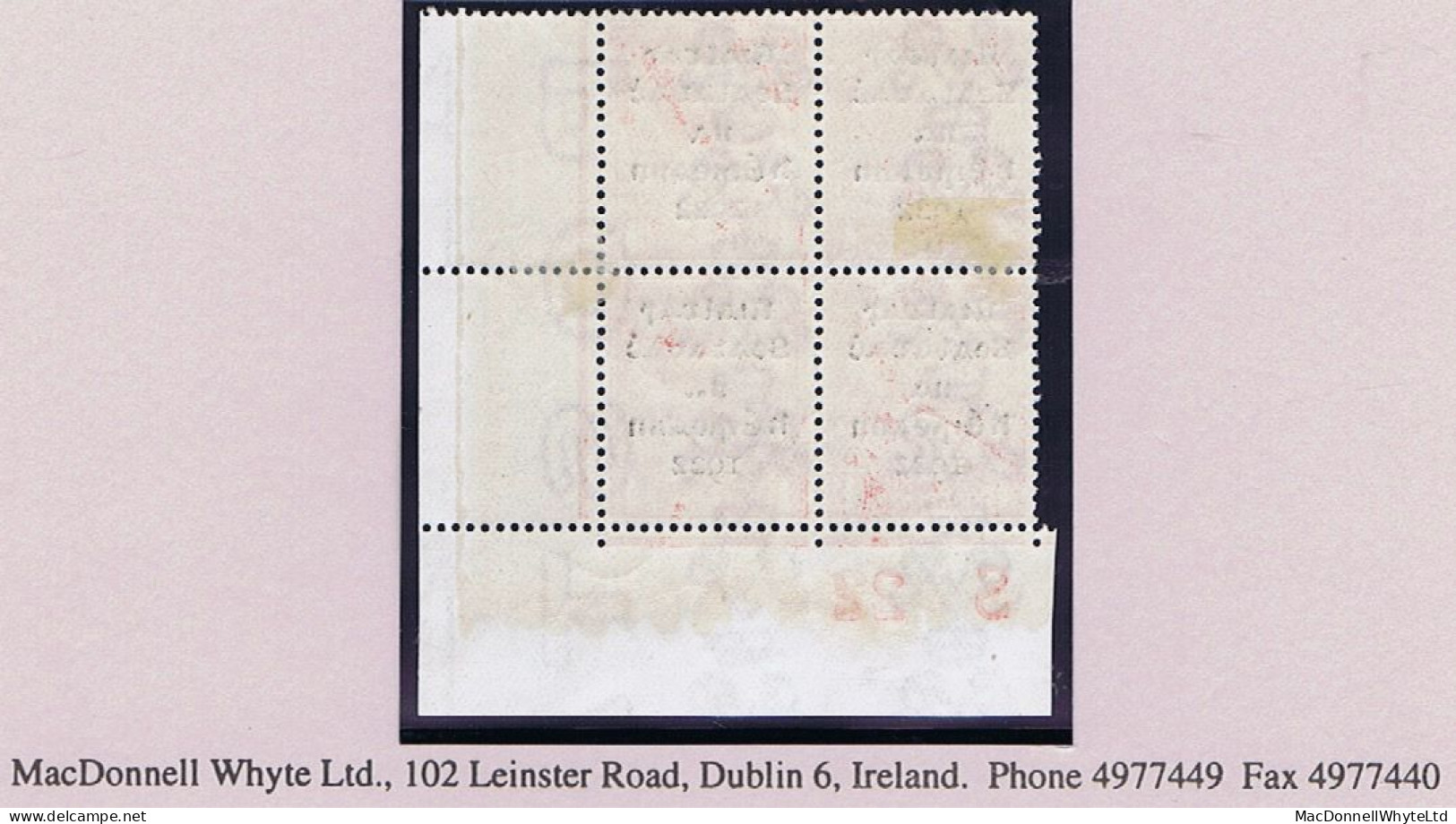 Ireland 1922 Dollard Rialtas 5-line Overprint In Black On 1d Red, Control S22 Imperf, Corner Block Of 4 Fresh Mint Hinge - Unused Stamps