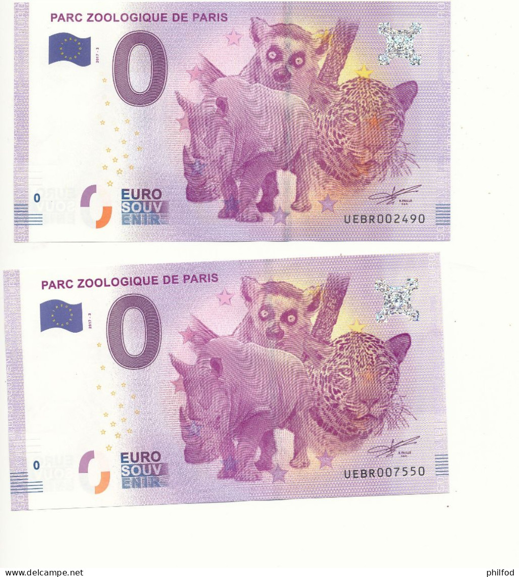 Billet Touristique 0 Euro - PARC ZOOLOGIQUE DE PARIS - UEBR - 2017- 3A Et B  - N° 2490 Et 7550 - Billets épuisés - Altri & Non Classificati