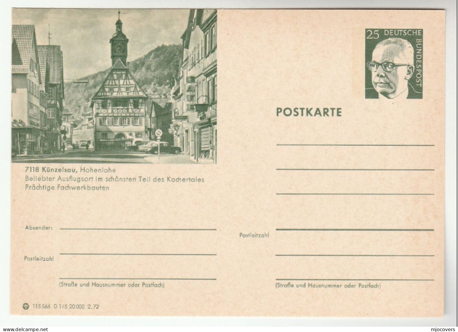 1972 CLOCK, CAR, Germany KUNZELSAU HOHENLOHE CLOCKTOWER Germany Postal STATIONERY Card Cover Stamps Architecture - Clocks