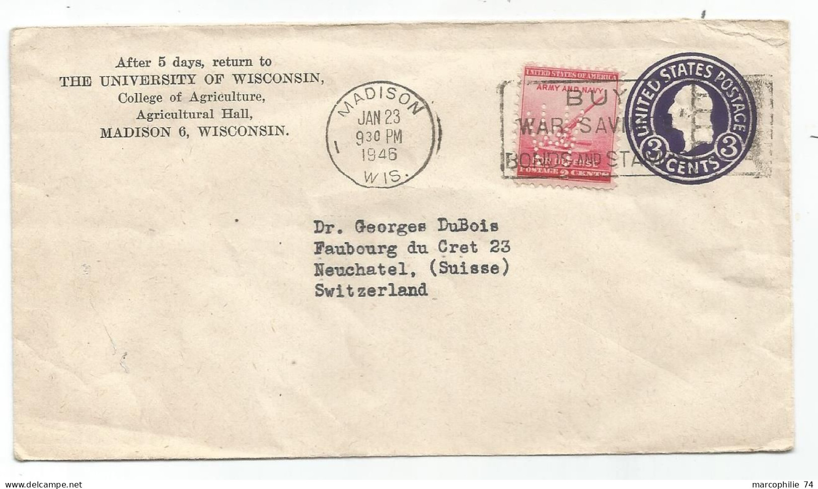 ETATS UNIS ARMY NAVY 2C PERFIN WU SUR ENTIER COVER UNIVERSITY OF WISCONSIN 1946 TO SUISSE - Perfins