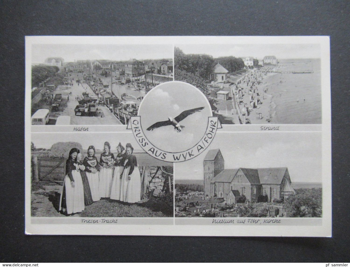 Mehrbild AK Gruss Aus Föhr BRD 1955 Mit Heuss I + Notopfer / Friesen Tracht, Strand, Nieblum Und Hafen - Föhr