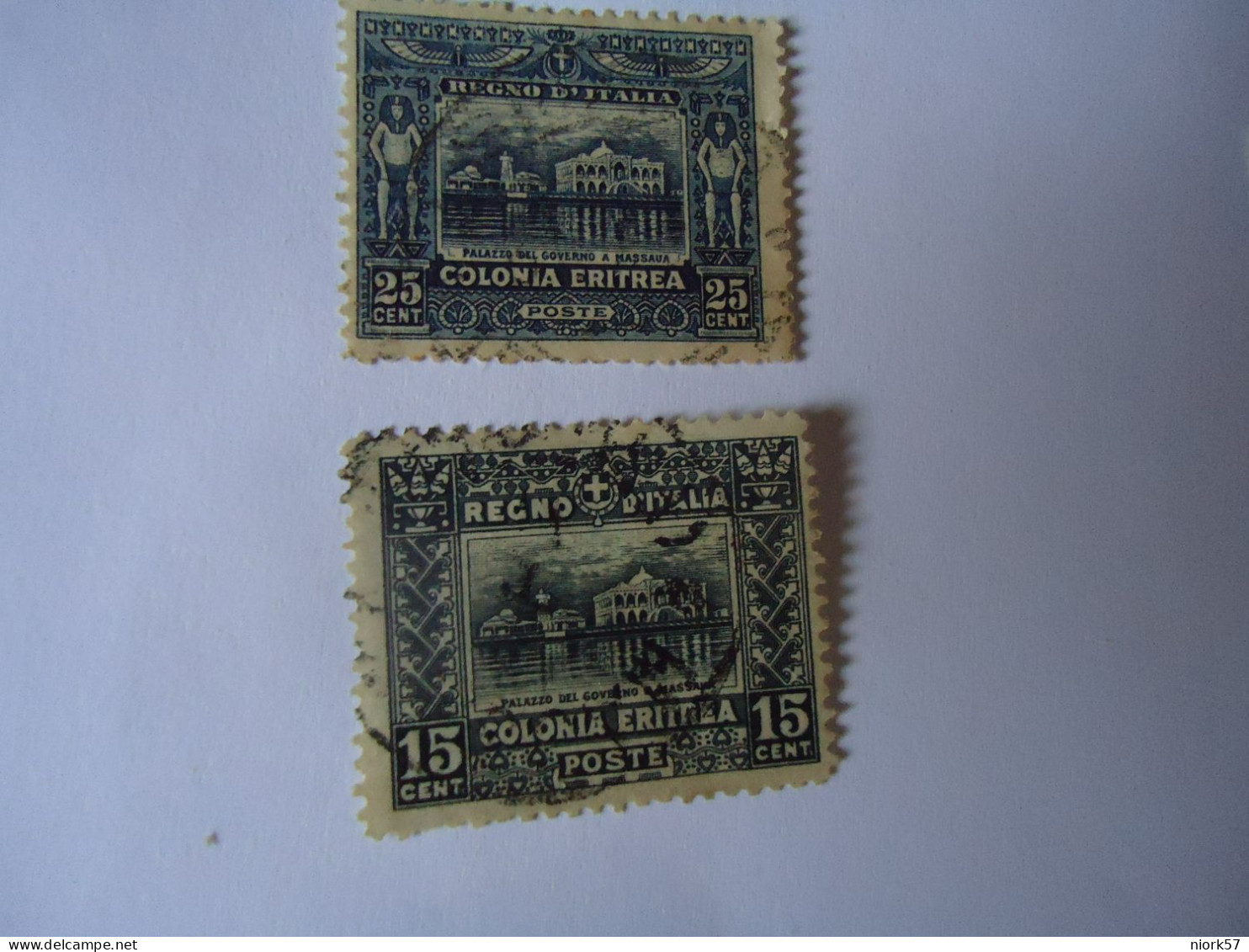 ERITREA ITALY 2 USED STAMPS  1910 MONUMENTS PALACE  15 25 - Eritrée