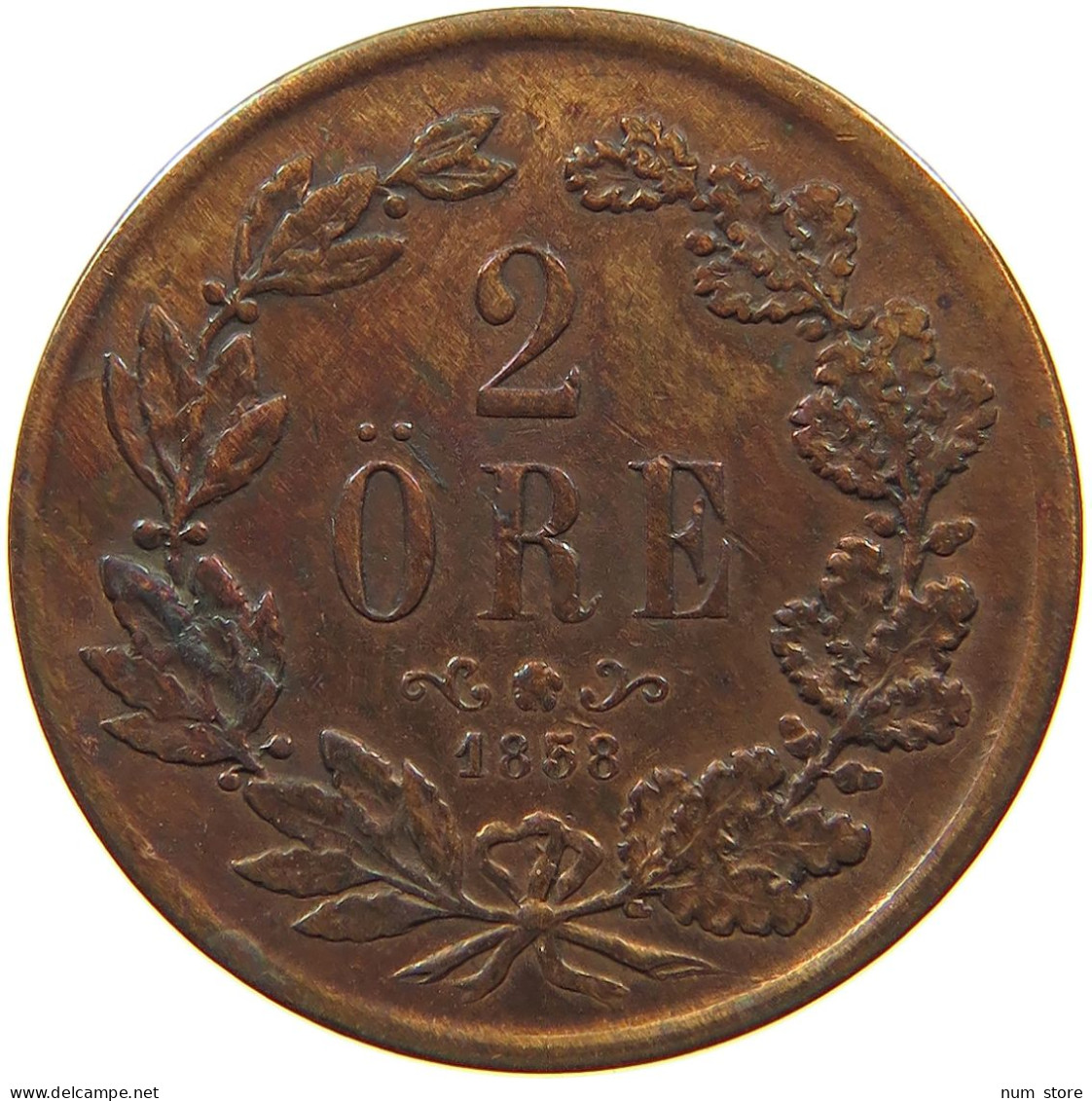 SWEDEN 2 ÖRE 1858 Oscar I. (1844-1859) PLANCHET ERROR #a084 0455 - Suède