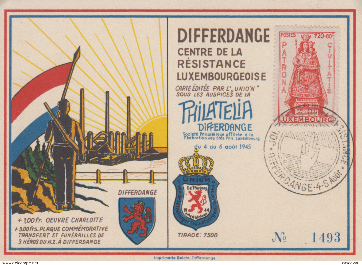 Carte  LUXEMBOURG   Journées  De  La   Résistance   DIFFERDANGE   1945 - Cartes Commémoratives