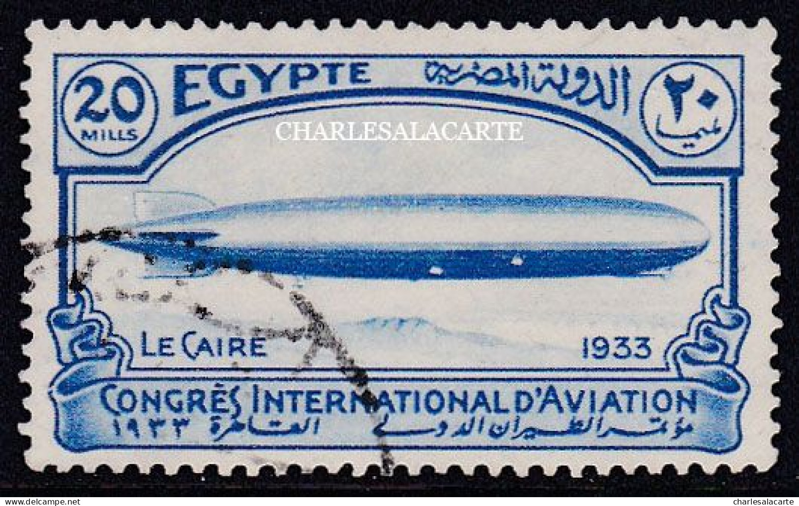 EGYPT  KINGDOM  1933  INTERNATIONAL AVIATION CONGRESS  20m. BLUE  GRAF ZEPPELIN   S.G. 218  VERY FINE USED - Used Stamps