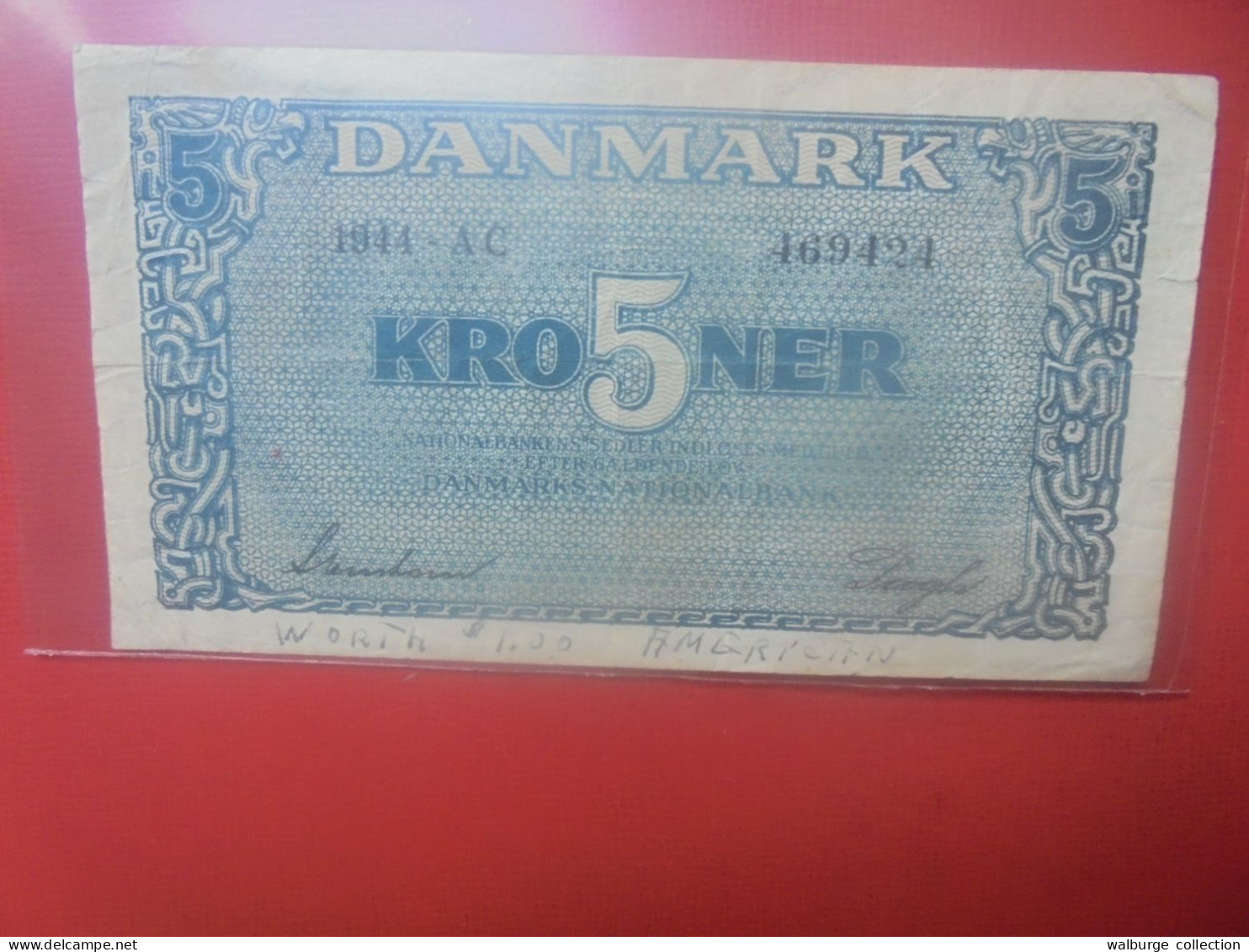 DANEMARK 5 KRONER 1944 Préfix "A C" RARE ! Circuler (B.31) - Danemark