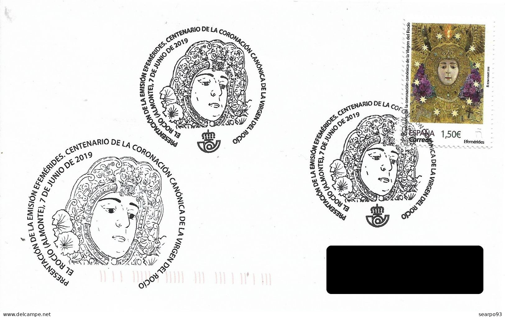 SPAIN. POSTMARK. CENTENARY OF THE CANONICAL CORONATION OF THE VIRGIN OF THE ROCIO. ALMONTE. 2019 - Máquinas Franqueo (EMA)