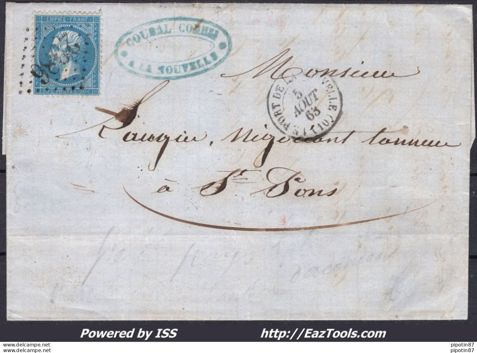 FRANCE N° 22 SUR LETTRE AVEC GC 2986 PORT LA NOUVELLE + VARIÉTÉ PLI ACCORDÉON - 1862 Napoléon III.