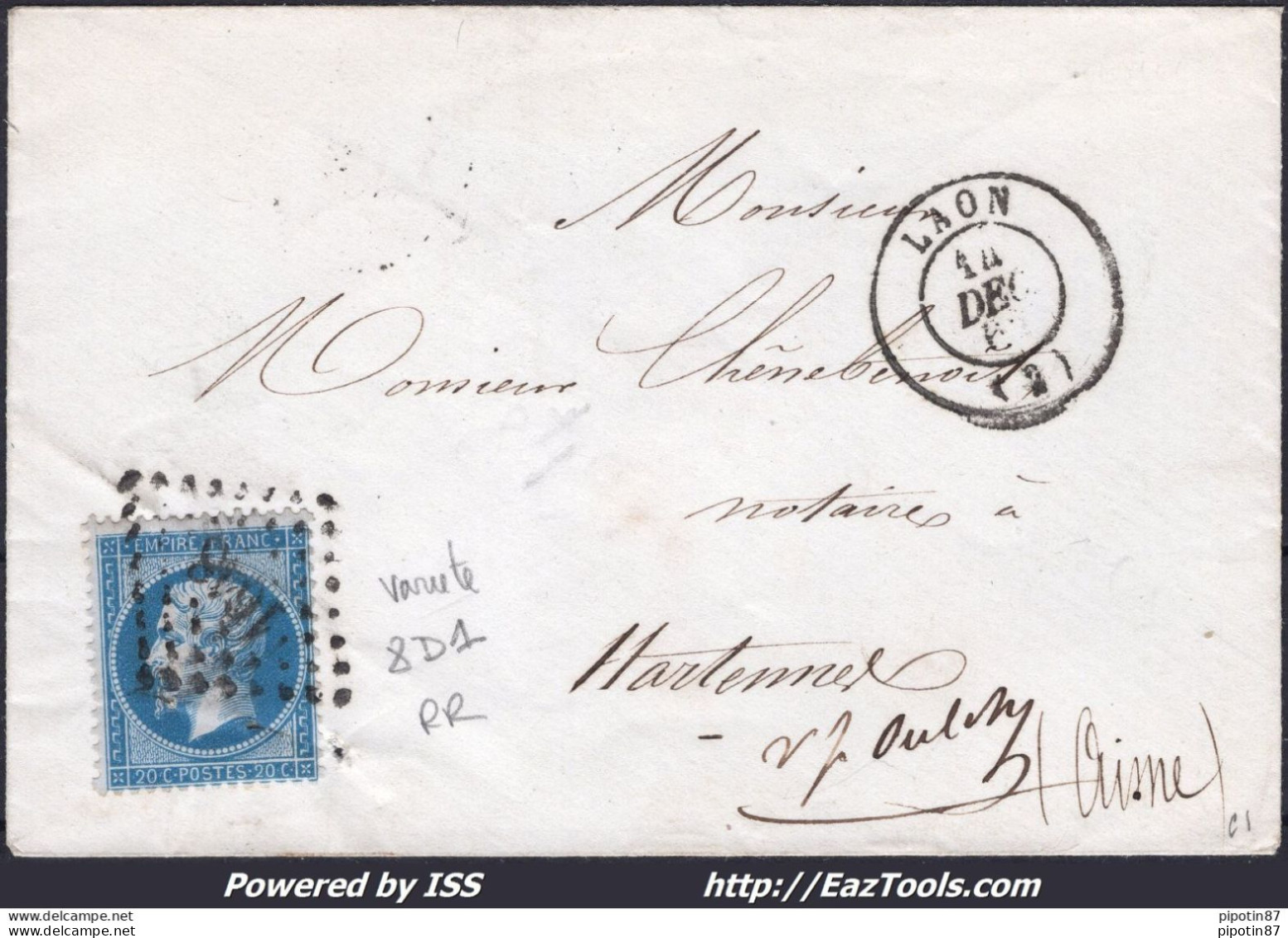 FRANCE N°22 SUR LETTRE PC 1648 LAON + VARIETE RETOUCHE LEGENDE SUPERIEURE 8D1 RR - 1862 Napoleone III