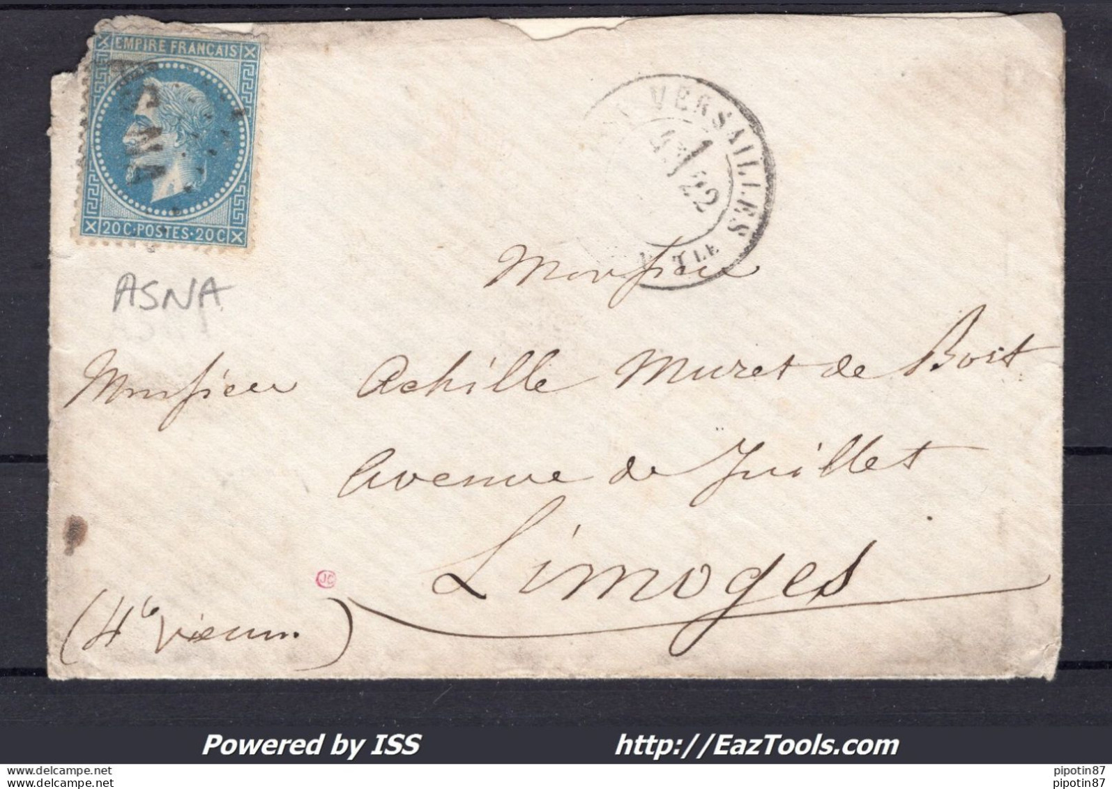 FRANCE N° 29B SUR LETTRE CACHET ASNA ASSEMBLÉE NATIONALE + CAD DU 22/04/1871 - 1863-1870 Napoléon III Con Laureles