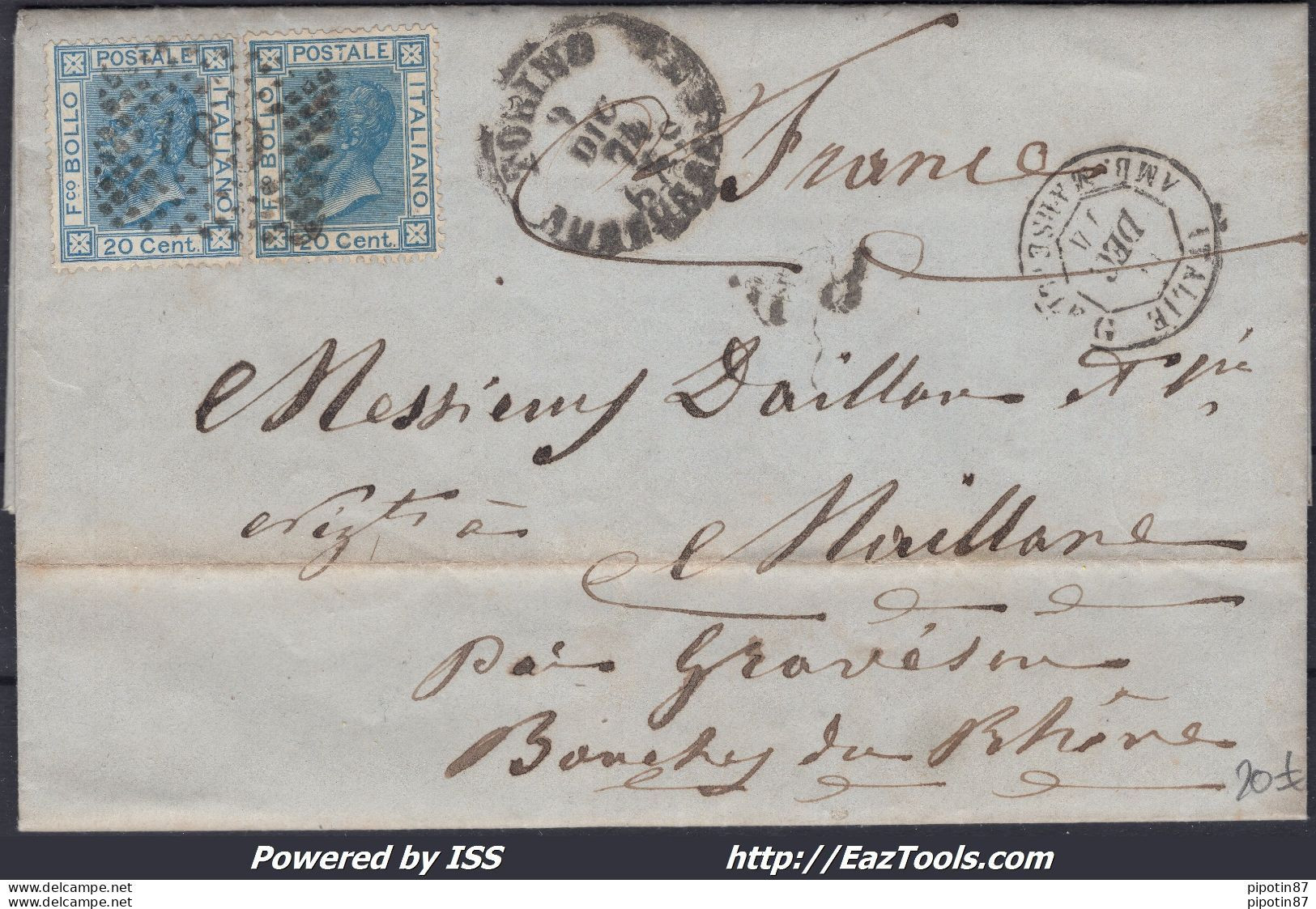 ITALIE N°23x2 SUR LETTRE GC ITALIEN 180 TURIN + CAD AMB MARSEILLE G 11/12/1874 - Usati